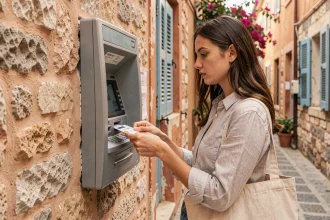 Étudiante Erasmus retirant de l'argent à un distributeur automatique en Grèce dans une ruelle athénienne