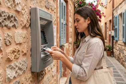 Étudiante Erasmus retirant de l'argent à un distributeur automatique en Grèce dans une ruelle athénienne