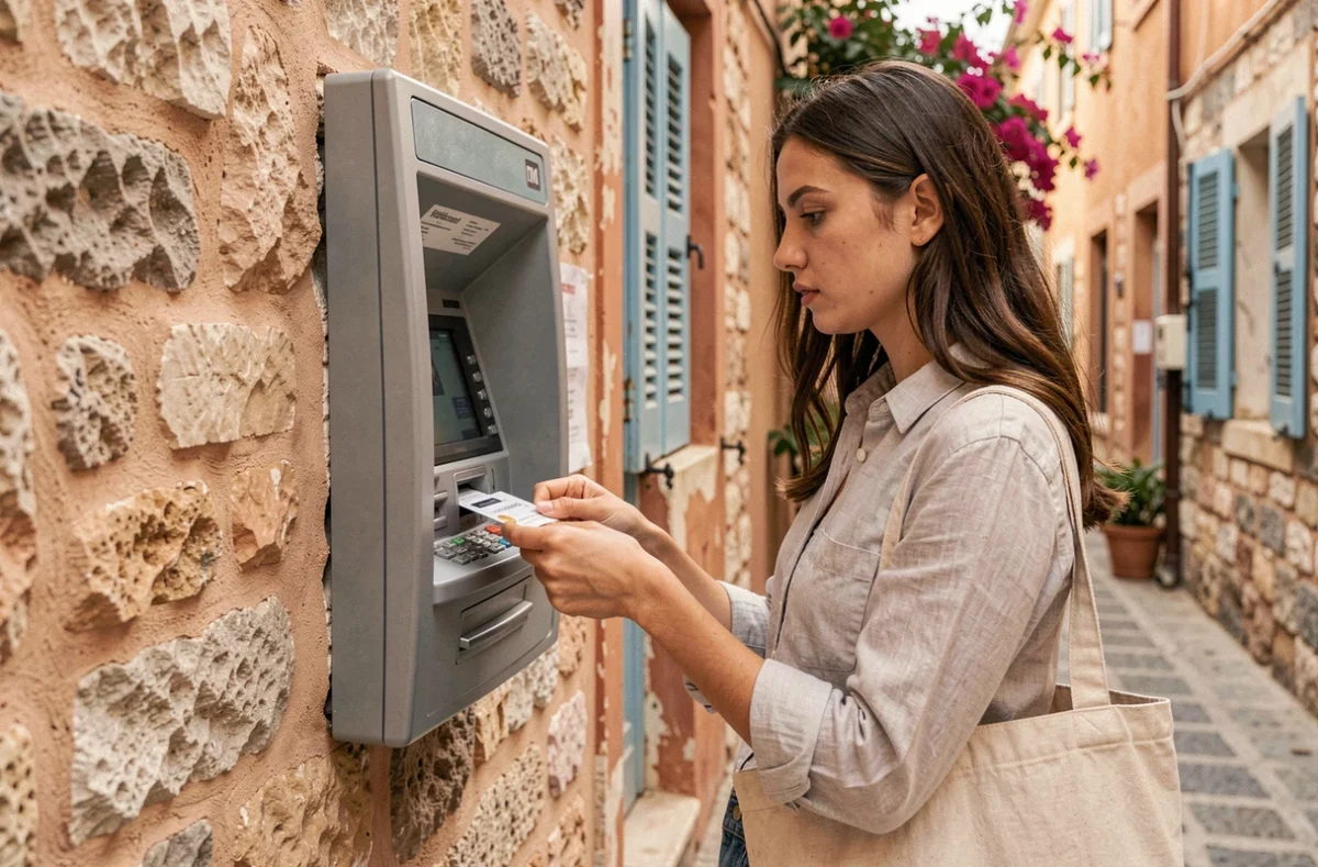 Étudiante Erasmus retirant de l'argent à un distributeur automatique en Grèce dans une ruelle athénienne
