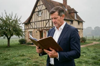 Expert immobilier professionnel devant une ferme normande à colombages, tenant un portfolio en cuir, paysage de campagne normande en arrière-plan