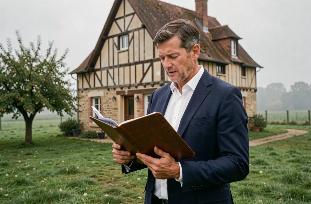 Expert immobilier professionnel devant une ferme normande à colombages, tenant un portfolio en cuir, paysage de campagne normande en arrière-plan