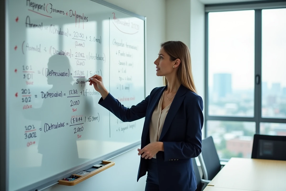 Femme d'affaires expliquant des formules de dotation aux amortissements et de prorata temporis sur un tableau blanc en salle de conférence