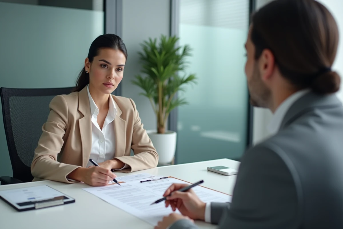 Une femme consultant un conseiller fiscal pour comprendre le calcul de son taux d'imposition, avec des formulaires fiscaux étalés sur un bureau de cabinet comptable