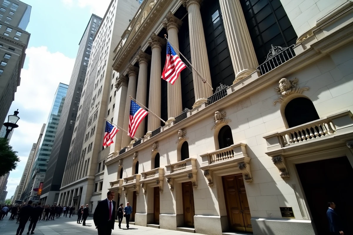 Façade iconique de la Bourse de New York sur Wall Street avec des passants en costume lors de l'ouverture des marchés