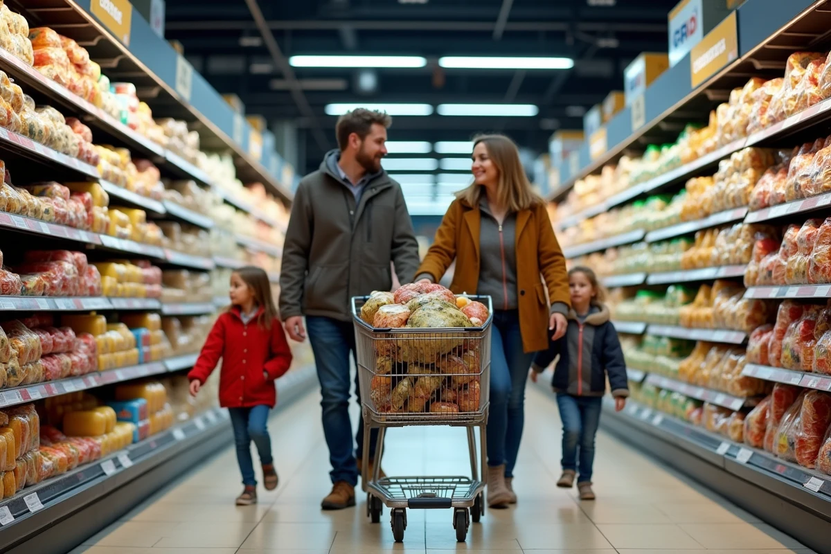 Famille nombreuse faisant les courses dans un supermarché Leclerc avec un grand caddie rempli