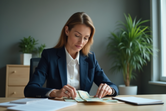 Femme d'affaires en costume bleu dans un bureau professionnel