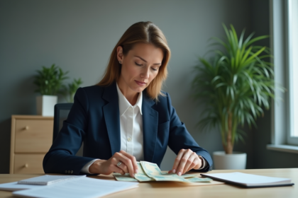 Femme d'affaires en costume bleu dans un bureau professionnel