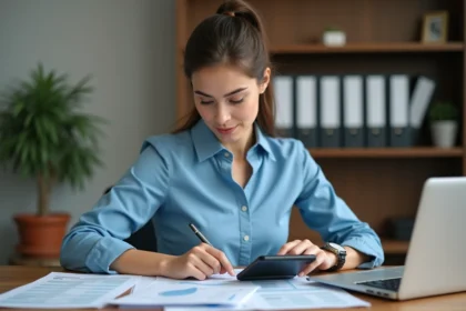 Femme d'affaires vérifiant des factures dans un bureau