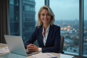 Femme d affaires élégante en costume navy dans un bureau moderne