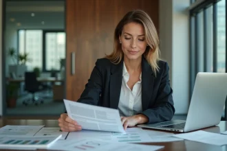 Femme d affaires au bureau examinant des documents financiers