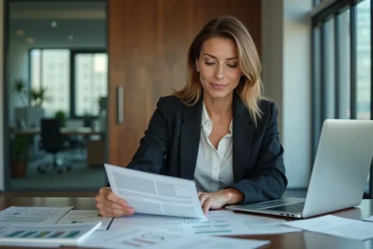 Femme d affaires au bureau examinant des documents financiers