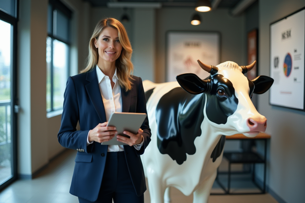 Femme d'affaires en costume navy avec vache en statue dans un bureau