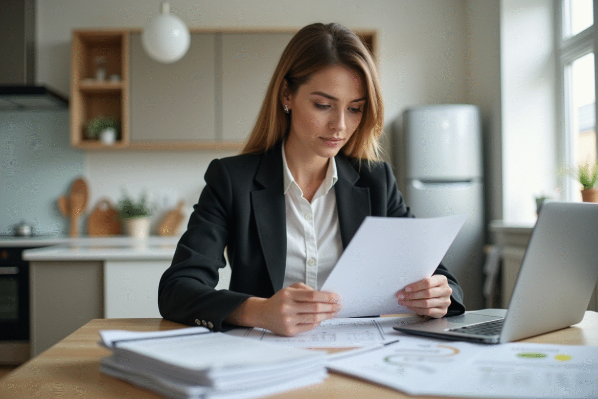 Jeune femme en blazer analysant des documents de prêt immobilier
