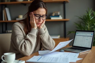 Femme de 40 ans analysant des documents liés au calcul de l'ARE et aux droits rechargeables au chômage