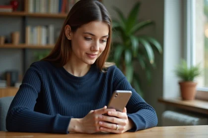 Femme utilisant une application de récompenses sur smartphone en vérifiant la sécurité de ses données personnelles