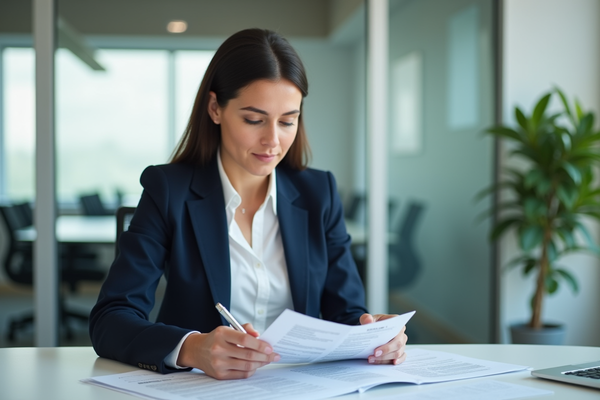Femme professionnelle en bureau avec documents d'assurance