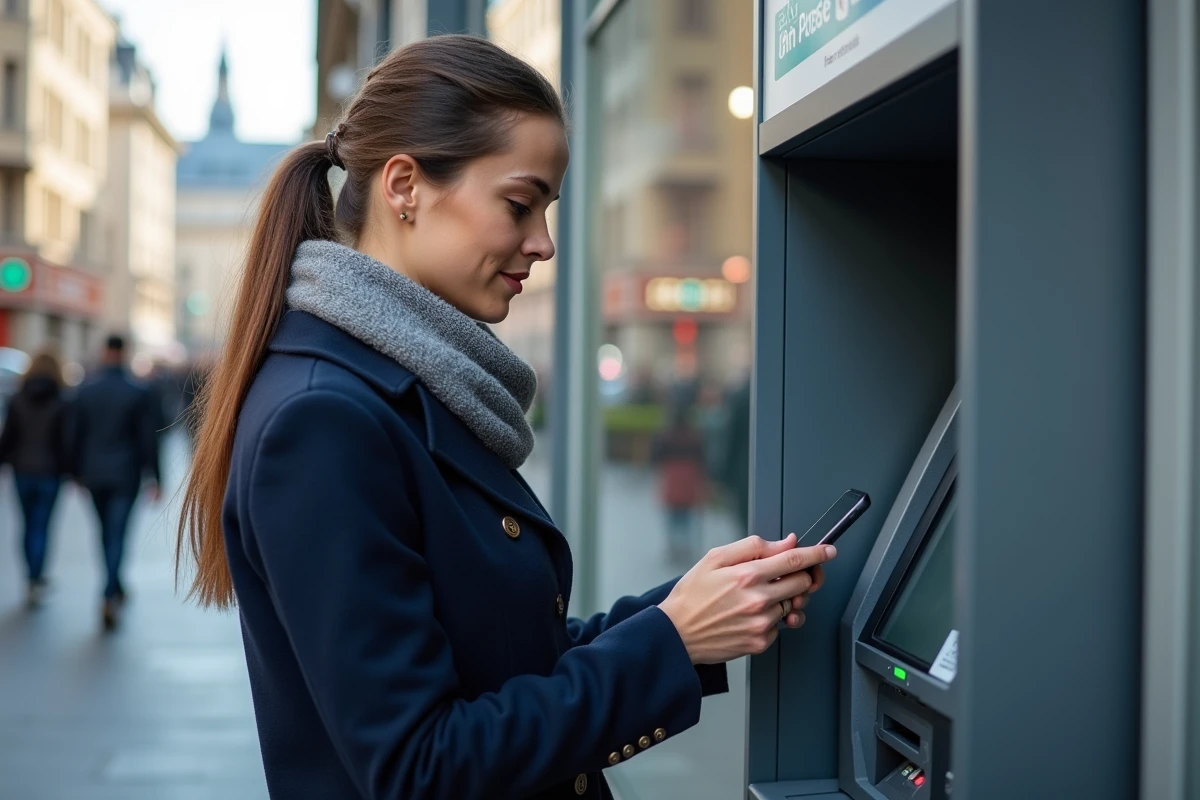 Femme en manteau interactant avec un ATM en extérieur