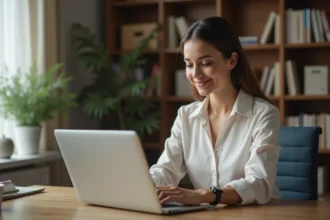 Jeune femme vérifiant ses finances sur son ordinateur à la maison