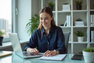 Femme professionnelle en bureau moderne vérifiant ses transactions bancaires