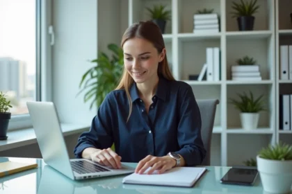 Femme professionnelle en bureau moderne vérifiant ses transactions bancaires