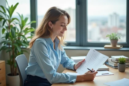Jeune femme professionnelle vérifiant son budget à domicile