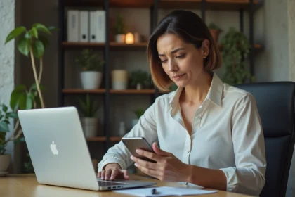 Femme d'affaires au bureau vérifiant son smartphone