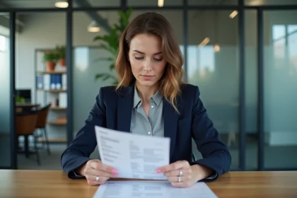 Une femme cadre examine une fiche de paie imprimée à son bureau en open space, illustrant le calcul du salaire net à partir d'un brut de 2300 euros en 2026