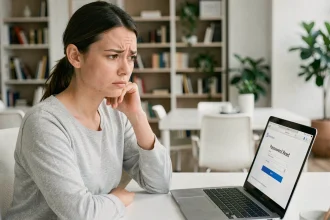 Femme au bureau face à un formulaire de réinitialisation de mot de passe sur son ordinateur portable