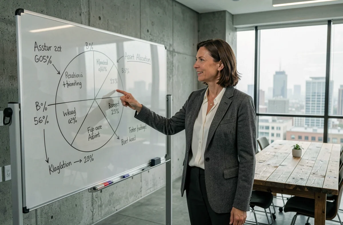 Femme cadre présentant un quadrant d'investissement et une stratégie de portefeuille sur tableau blanc dans une salle de réunion moderne