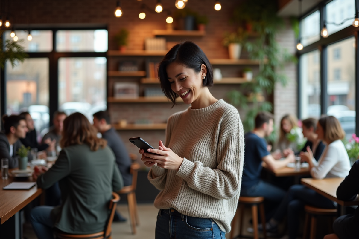 Femme souriante utilisant son smartphone dans un café animé