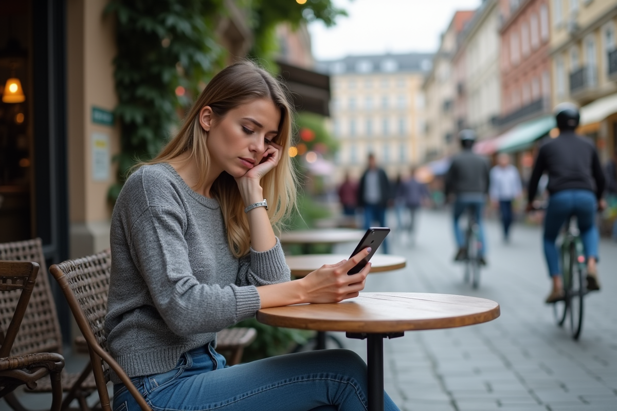 Femme au café regardant une application de trading sur smartphone