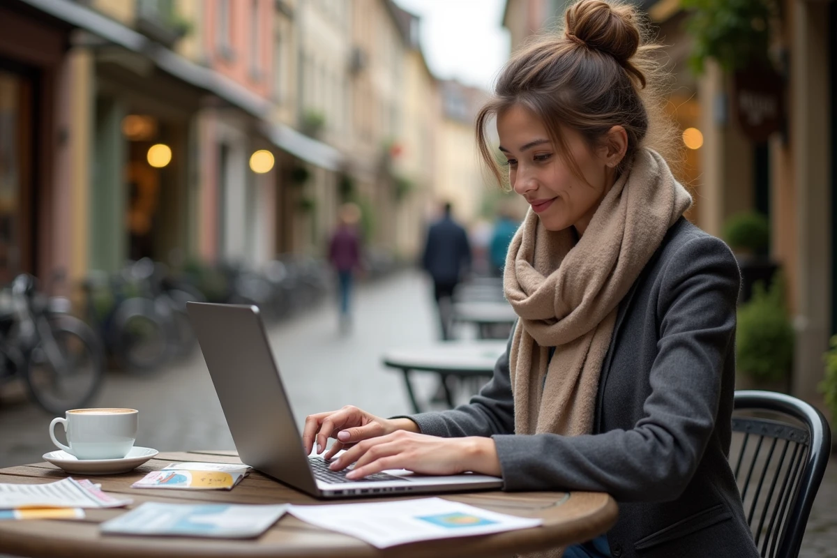 Jeune femme travaillant sur son ordinateur en café en France
