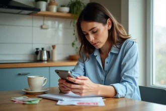 Femme consultant sa cagnotte Leetchi sur smartphone avec des billets d'euros posés sur une table en bois