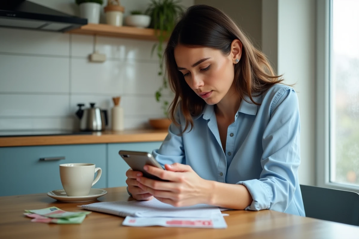 Femme consultant sa cagnotte Leetchi sur smartphone avec des billets d'euros posés sur une table en bois
