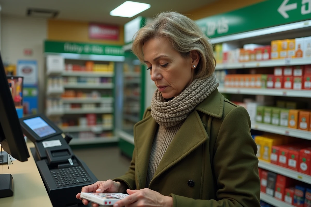Femme au magasin avec paquet de cigarettes à la caisse