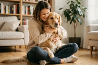 Femme tenant son golden retriever dans les bras dans un salon chaleureux, illustrant le lien entre propriétaire et chien assuré