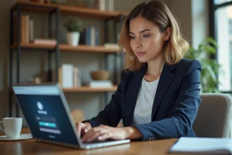 Femme accédant à son compte particulier La Banque Postale sur un ordinateur portable depuis un bureau à domicile