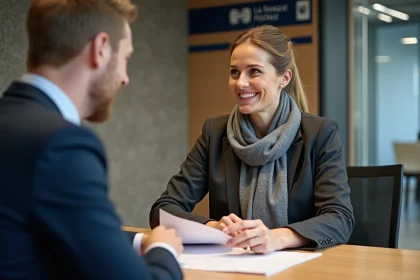 Femme en rendez-vous bancaire dans une agence moderne
