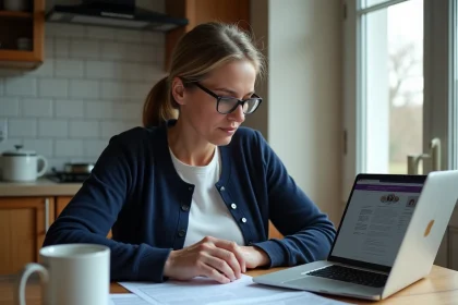 Femme de 40 ans consultant des documents d'aides sociales et formulaires administratifs sur une table de cuisine en bois avec un ordinateur portable ouvert