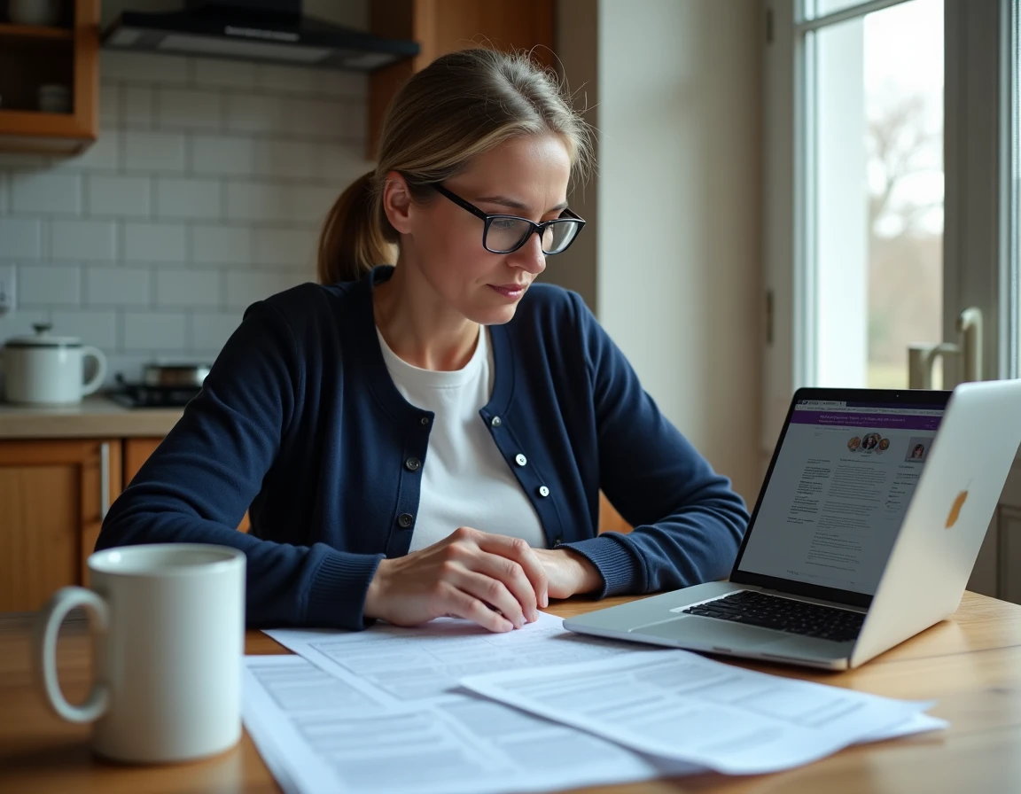 Femme de 40 ans consultant des documents d'aides sociales et formulaires administratifs sur une table de cuisine en bois avec un ordinateur portable ouvert