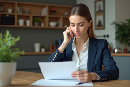 Jeune femme d'affaires compare documents de prêt immobilier