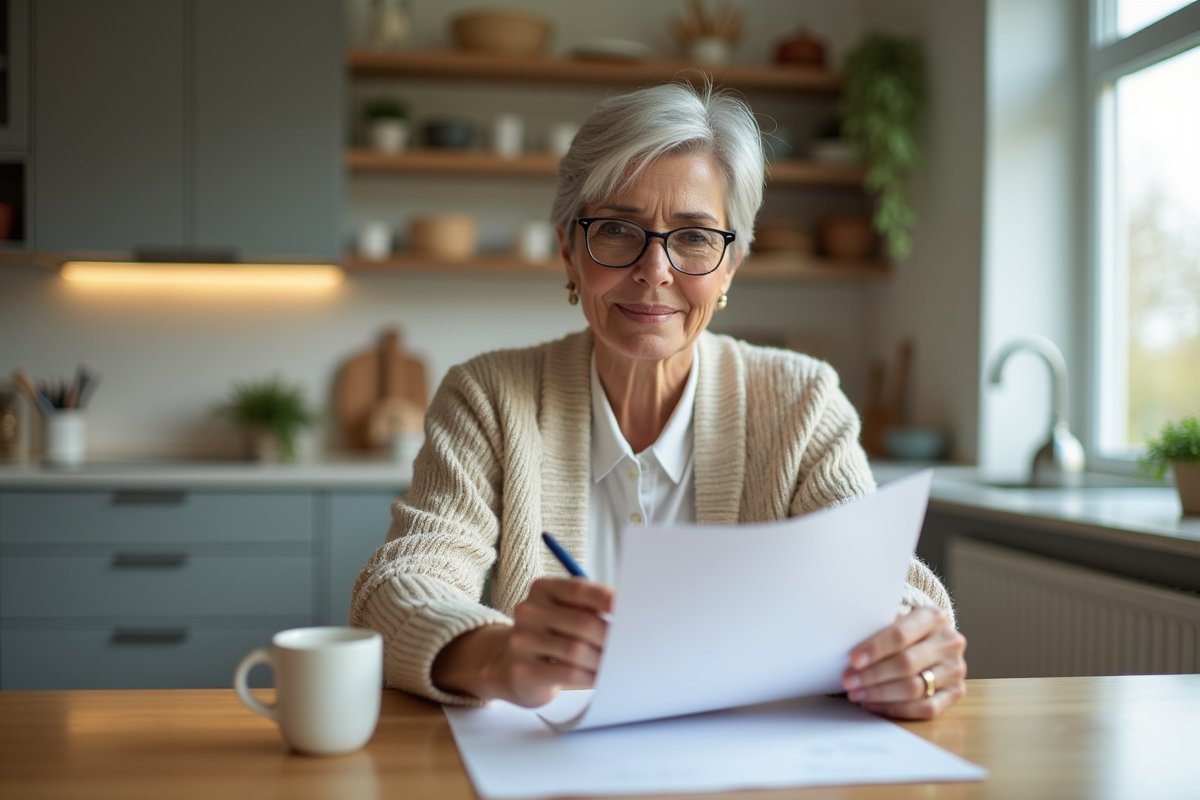 Femme élégante examinant des documents de prêt immobilier