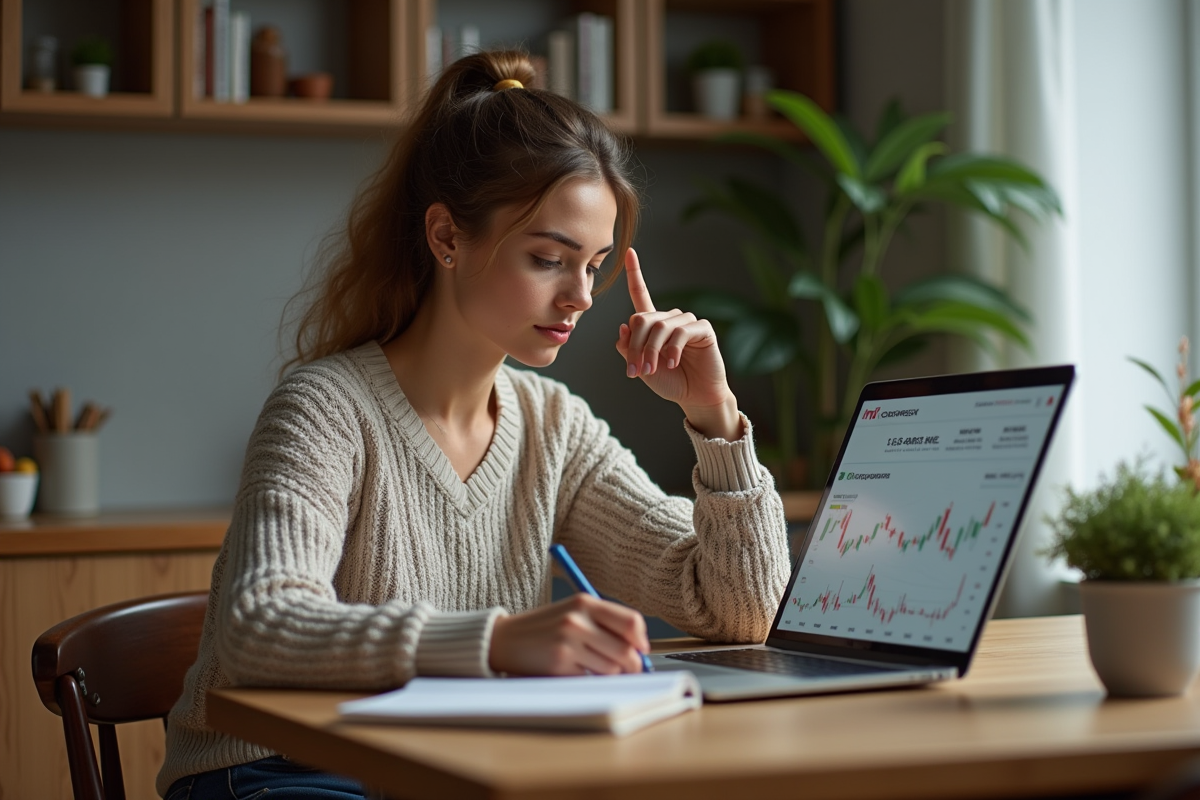 Jeune femme comparant des graphiques de cryptomonnaie à la maison