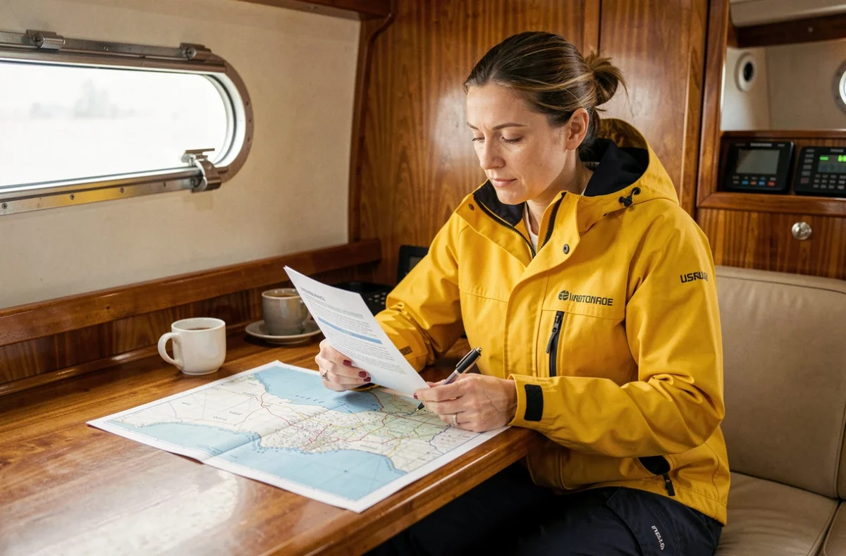 Femme consultant des documents d'assurance bateau à l'intérieur d'un voilier