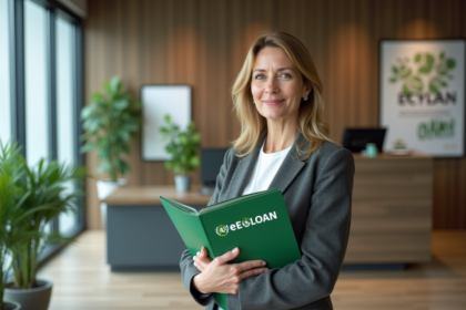 Femme d'âge moyen avec dossiers verts dans une banque écologique