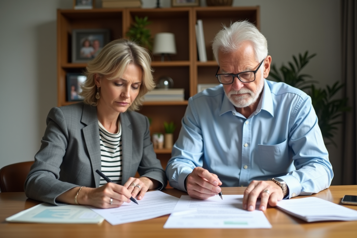 Femme d'âge moyen et homme âgé examinent des papiers dans un bureau
