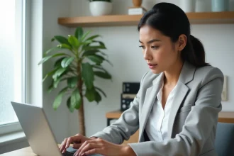 Femme utilisant un espace client en ligne sur un ordinateur portable dans un bureau à domicile moderne