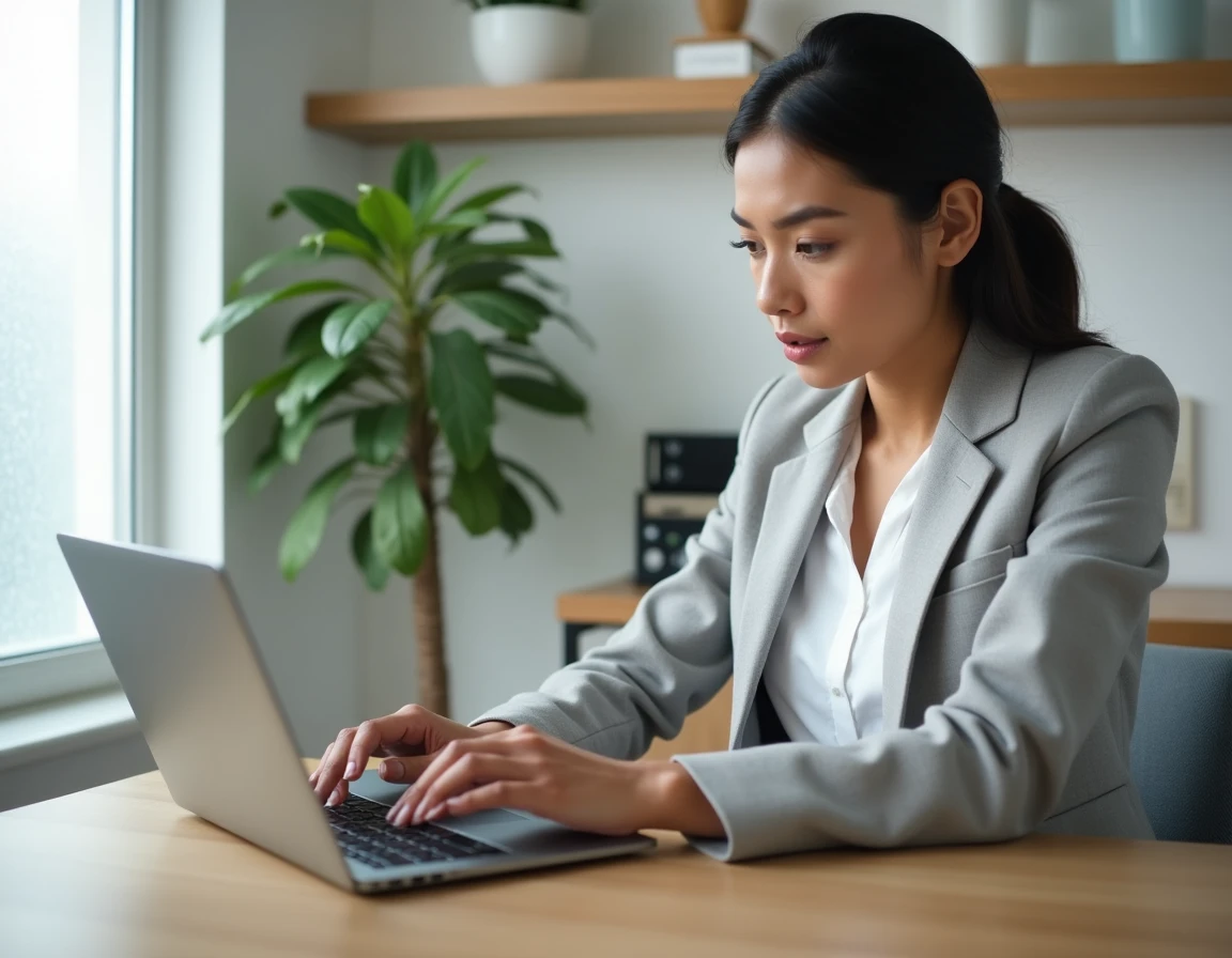 Femme utilisant un espace client en ligne sur un ordinateur portable dans un bureau à domicile moderne