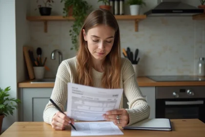 Jeune femme analysant un relevé bancaire à la maison