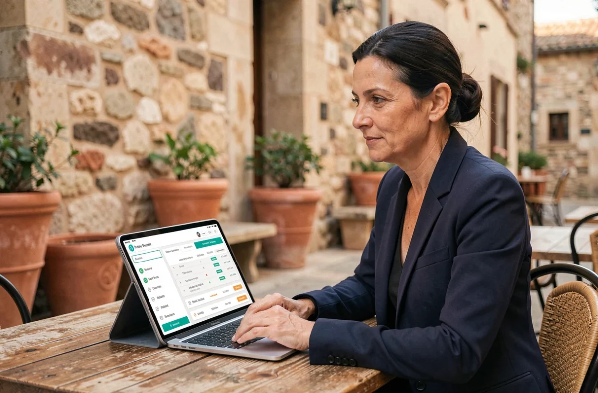Femme expatriée gérant son PEA sur une application de courtage en ligne depuis un café en Europe du Sud